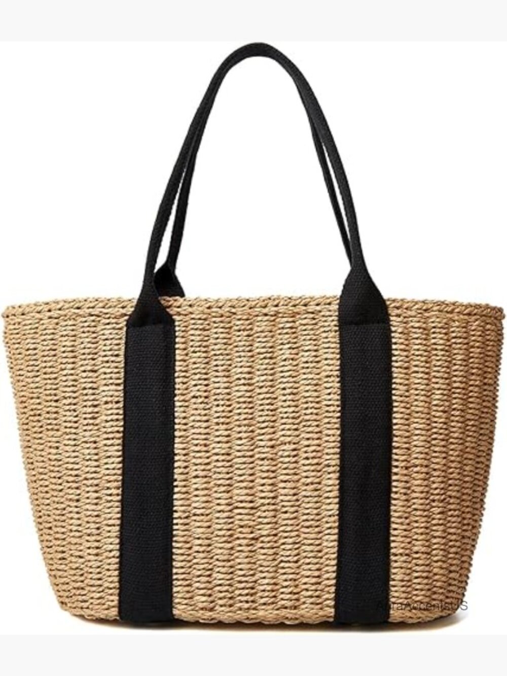 Natural Straw Tote with Black Straps